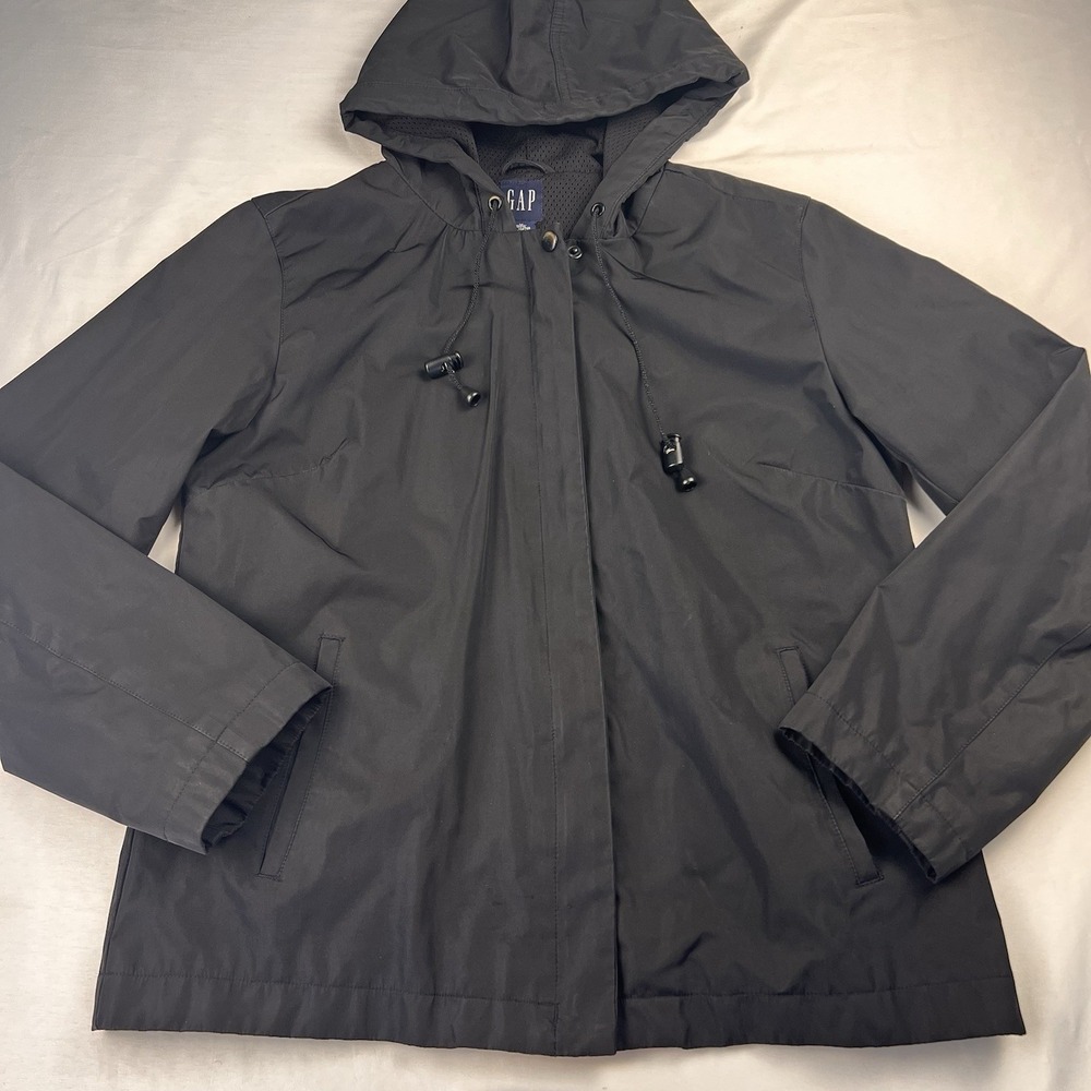 Y2K Gap Hooded Jacket Black Full‎ Zip Windbreaker Rain Coat Lightweight Mesh Med